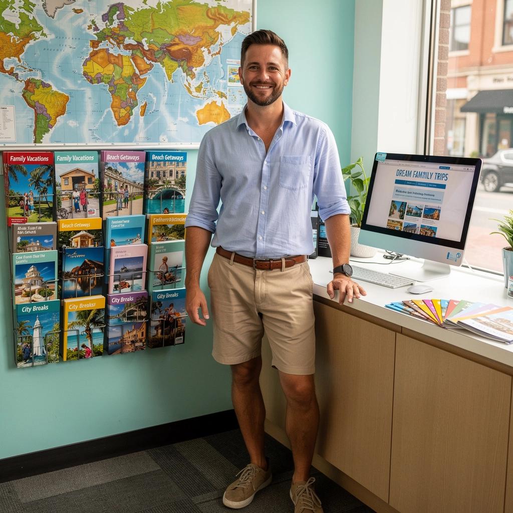 Grupa rodzinna przy stoisku informacyjnym w popularnej atrakcjach turystycznej.